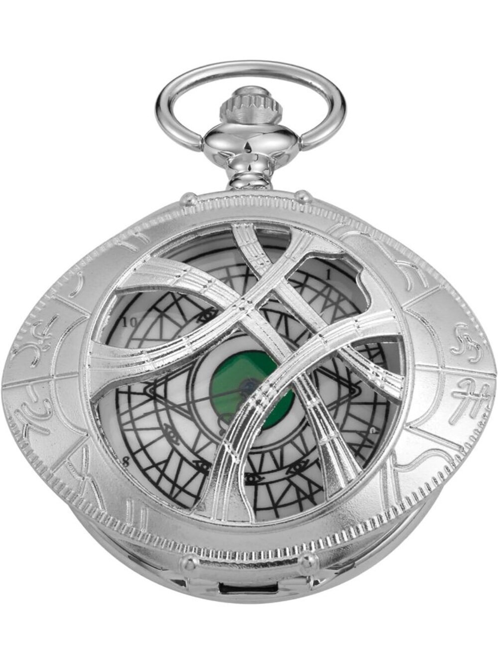 Men's Silver Analog Quartz Green Eyes Shape Pendant Necklace Round Pocket Watch